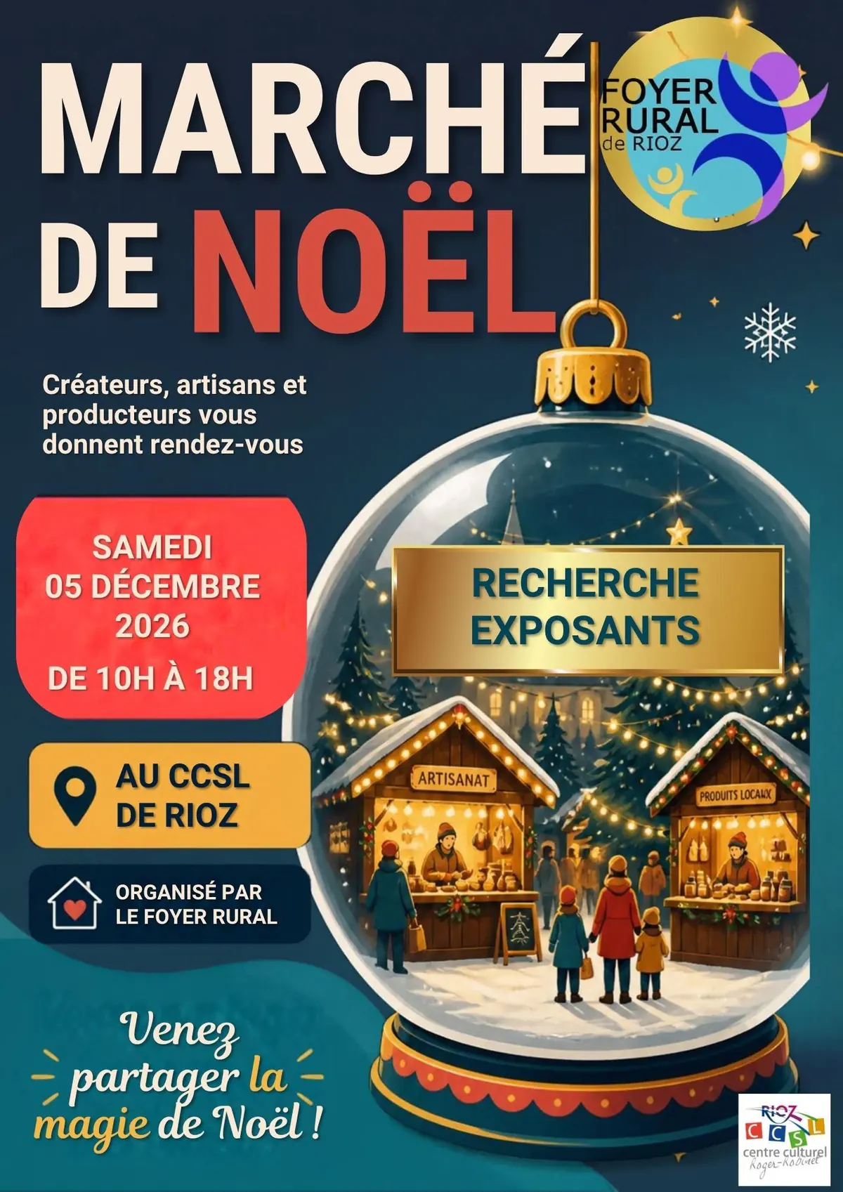 Affiche du marché de Noël du Foyer rural de Rioz au CCSL le 5 décembre 2026